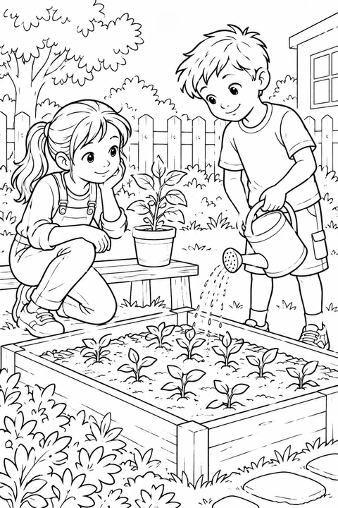 Two children care for a school garden: one waters rows of seedlings while the other watches from a bench beside a potted plant.
