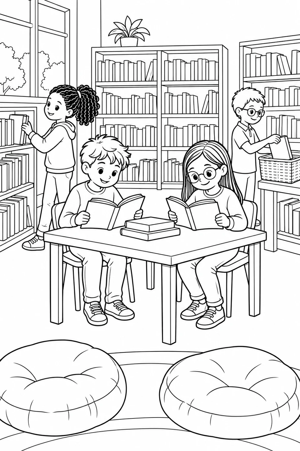 Four children explore a school library; two read at a table while the others handle books near shelves and a basket.