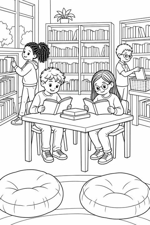 Four children explore a school library; two read at a table while the others handle books near shelves and a basket.