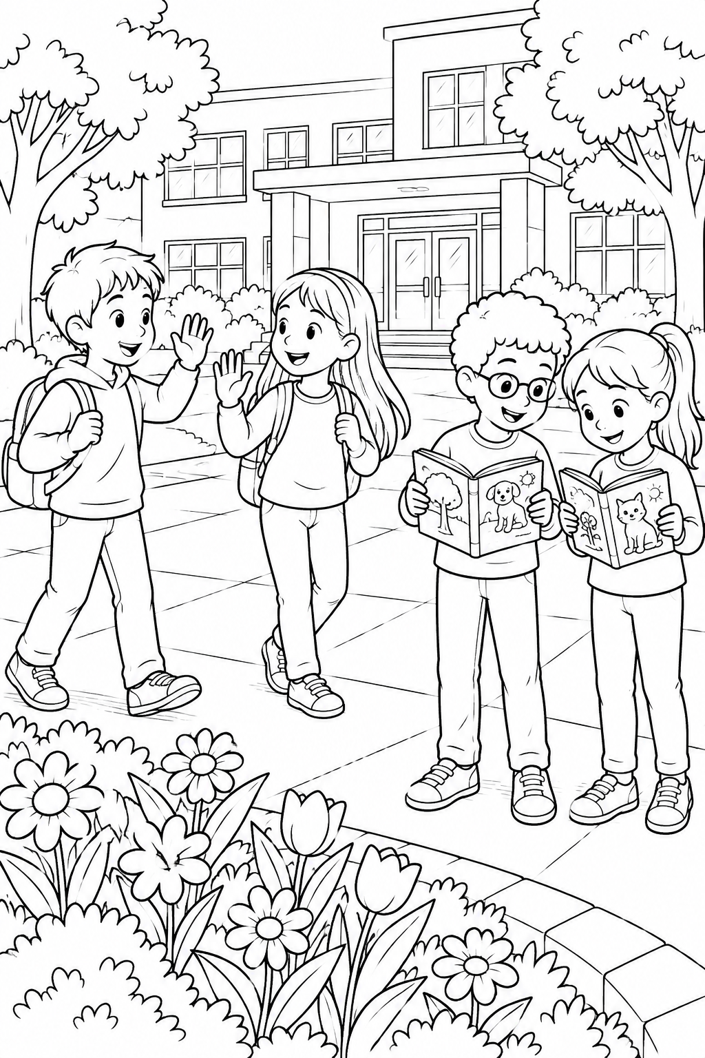 Four children meet outside the school: two wave with backpacks on, while two others hold open animal picture books.