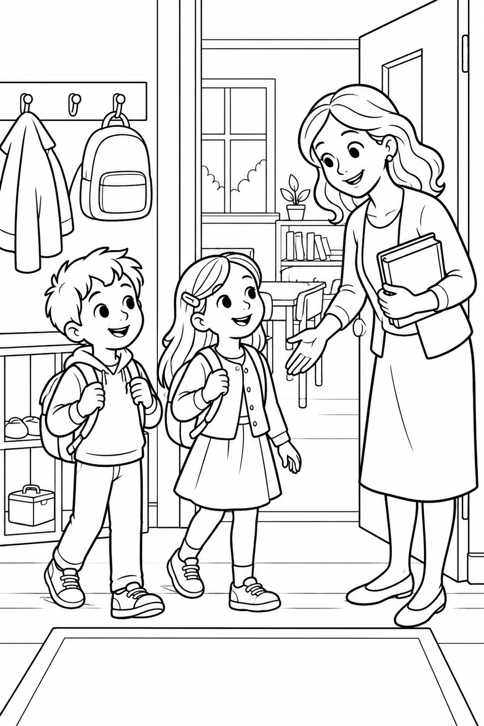A teacher holds books and gestures toward the classroom as two children arrive with backpacks.