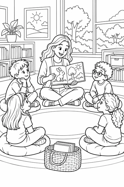 A teacher shows an open picture book to four children seated in a circle, with a basket of books in front.