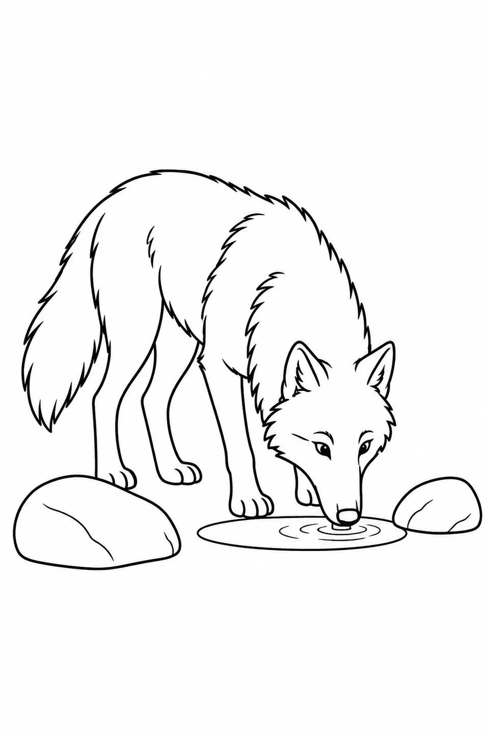 A wolf lowers its muzzle to a small pool between two broad stones.
