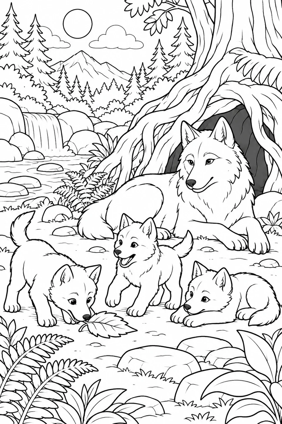 A wolf rests near a den while three pups explore the clearing.