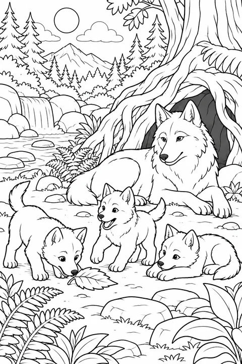 A wolf rests near a den while three pups explore the clearing.