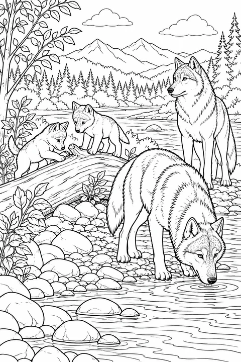 Two large and two small wolves beside a river and a fallen log.