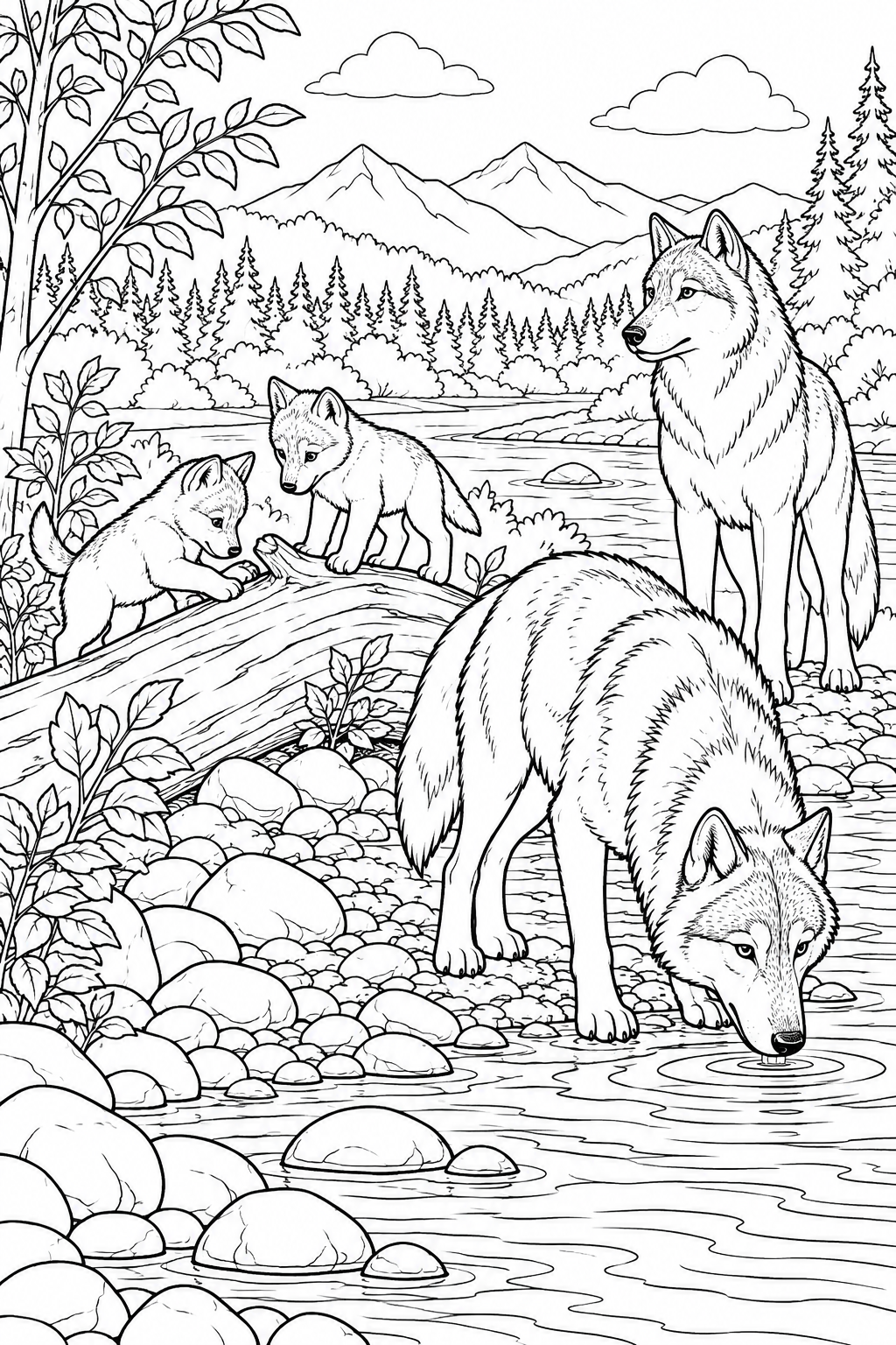Two large and two small wolves beside a river and a fallen log.