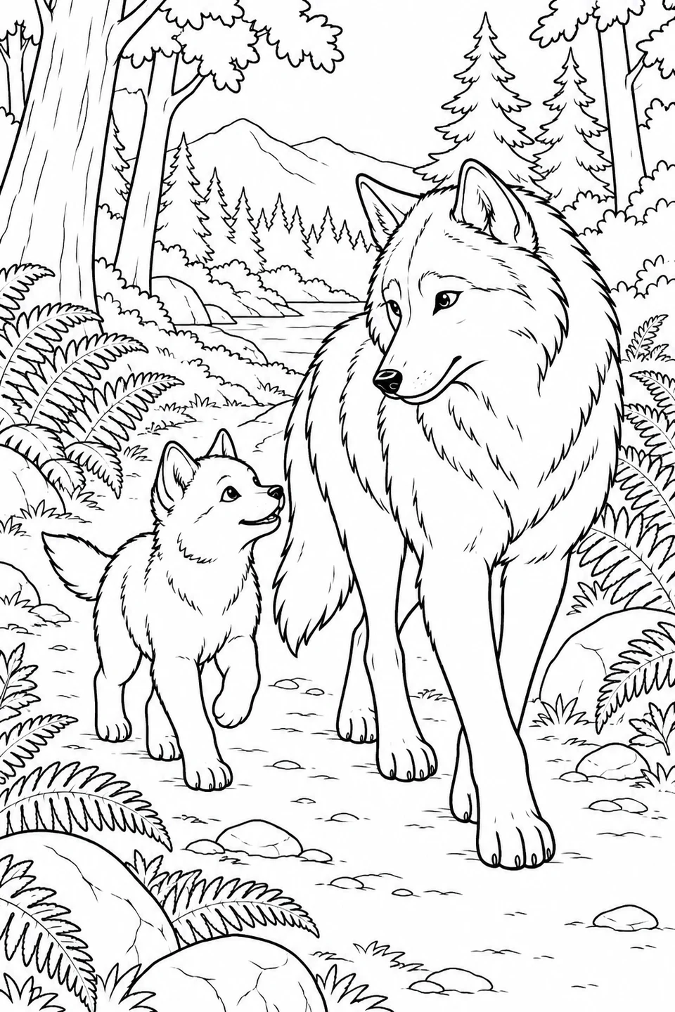 A large wolf and a smaller wolf look at each other as they walk along a woodland trail.