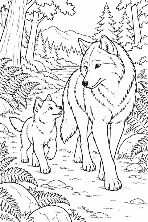 A large wolf and a smaller wolf look at each other as they walk along a woodland trail.