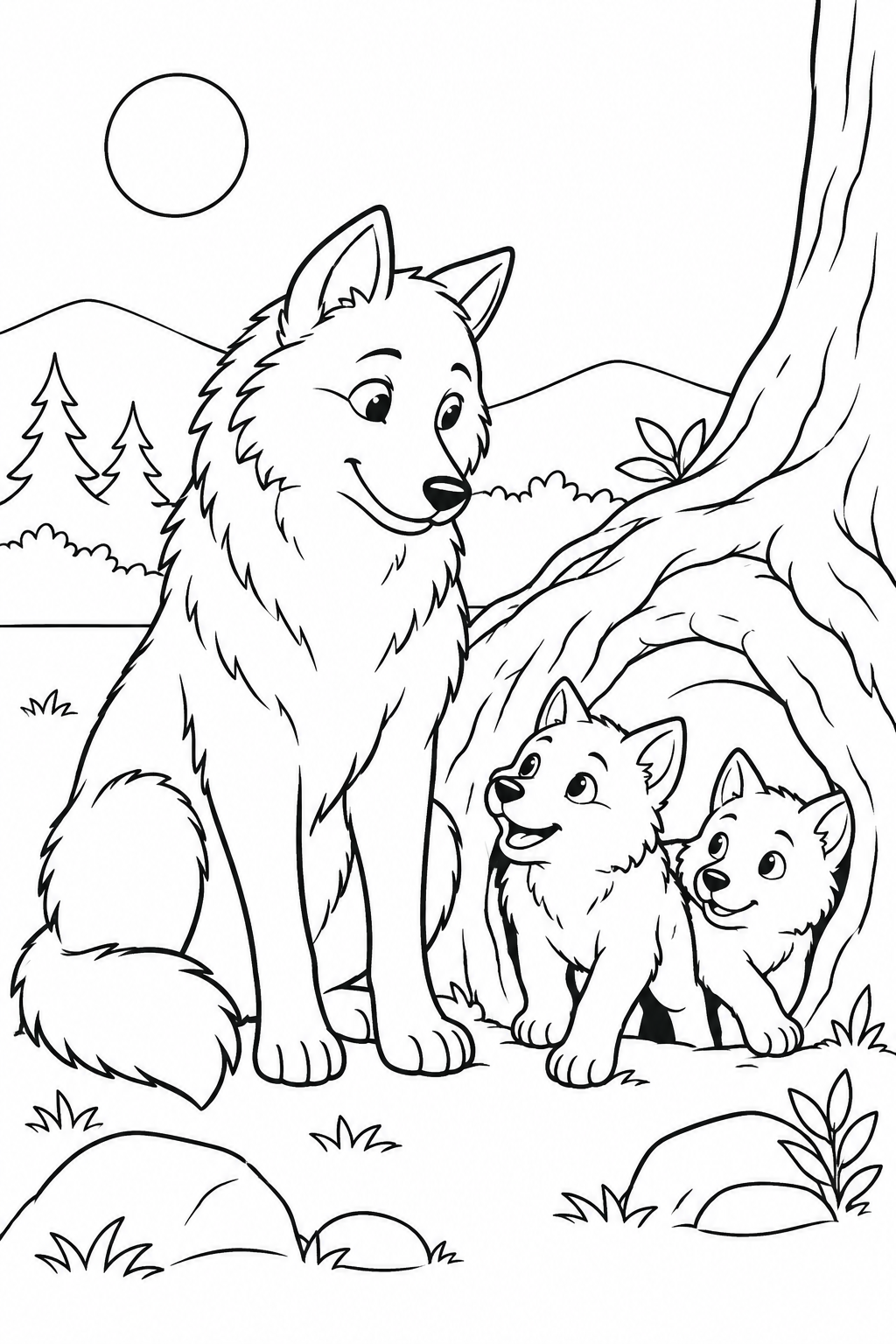 A seated wolf watches two smaller wolves by a den beneath tree roots.