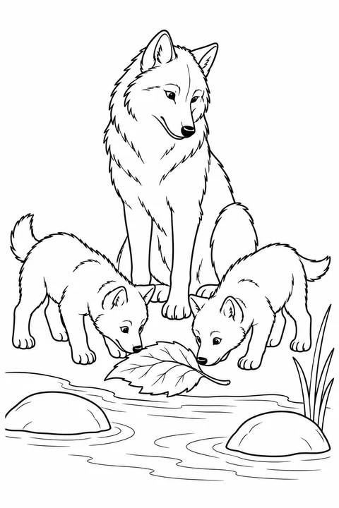 A seated wolf watches two pups exploring a leaf beside a shallow stream.