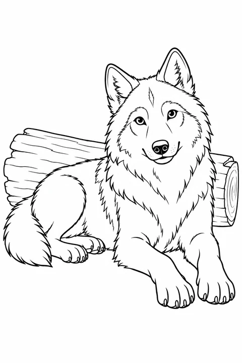 A relaxed wolf lies beside a fallen log with its front paws stretched out.