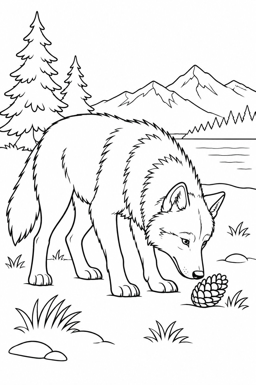 A wolf sniffs a pine cone beside a lake, with pine trees and mountains behind it.