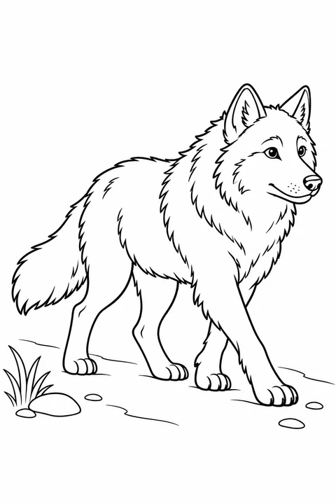 A wolf walks along a simple path with a lowered bushy tail.