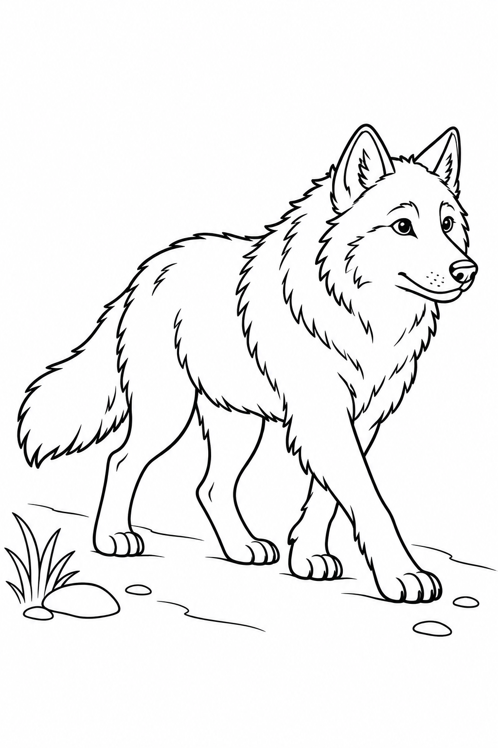 A wolf walks along a simple path with a lowered bushy tail.