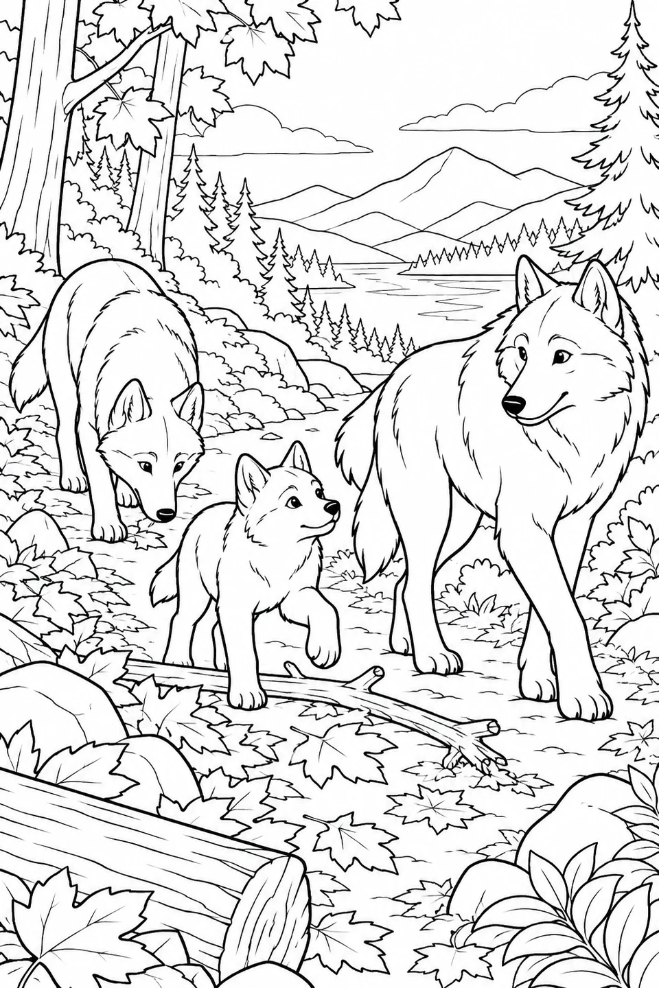 Three wolves follow a winding path through an autumn woodland.