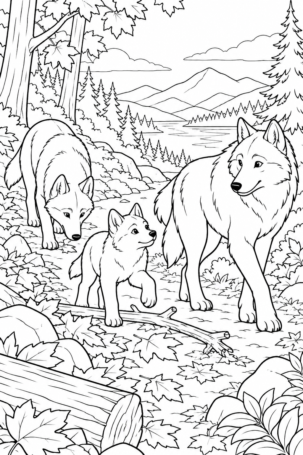 Three wolves follow a winding path through an autumn woodland.