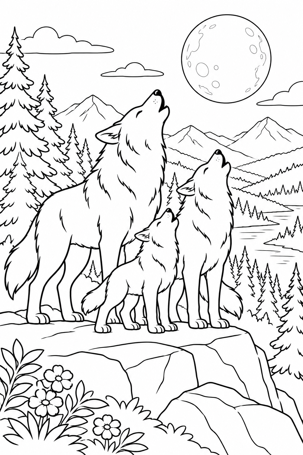 Three wolves lift their muzzles together on a broad ridge above a pine valley.