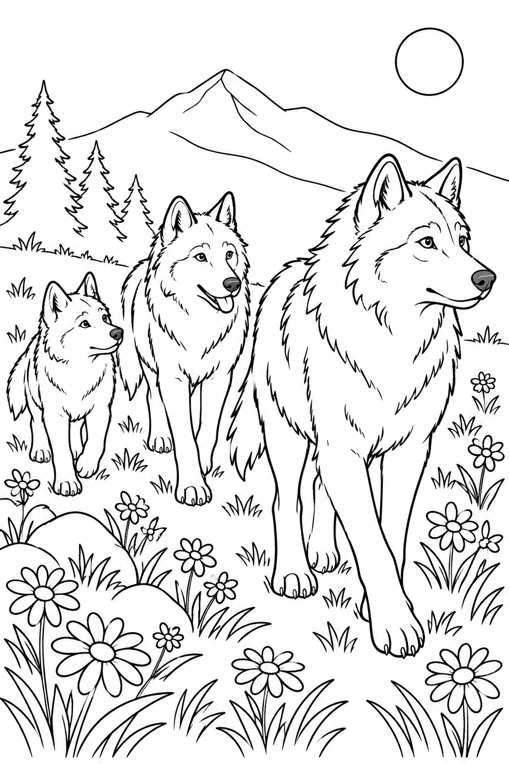 Three wolves walk together through a meadow with flowers.