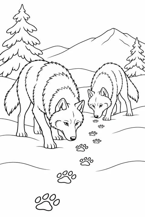 Two wolves investigate a trail of pawprints in a snowy clearing.