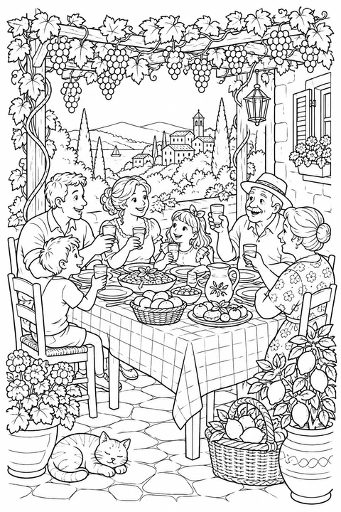 Summer Lunch under the Pergola, printable black-and-white coloring illustration.