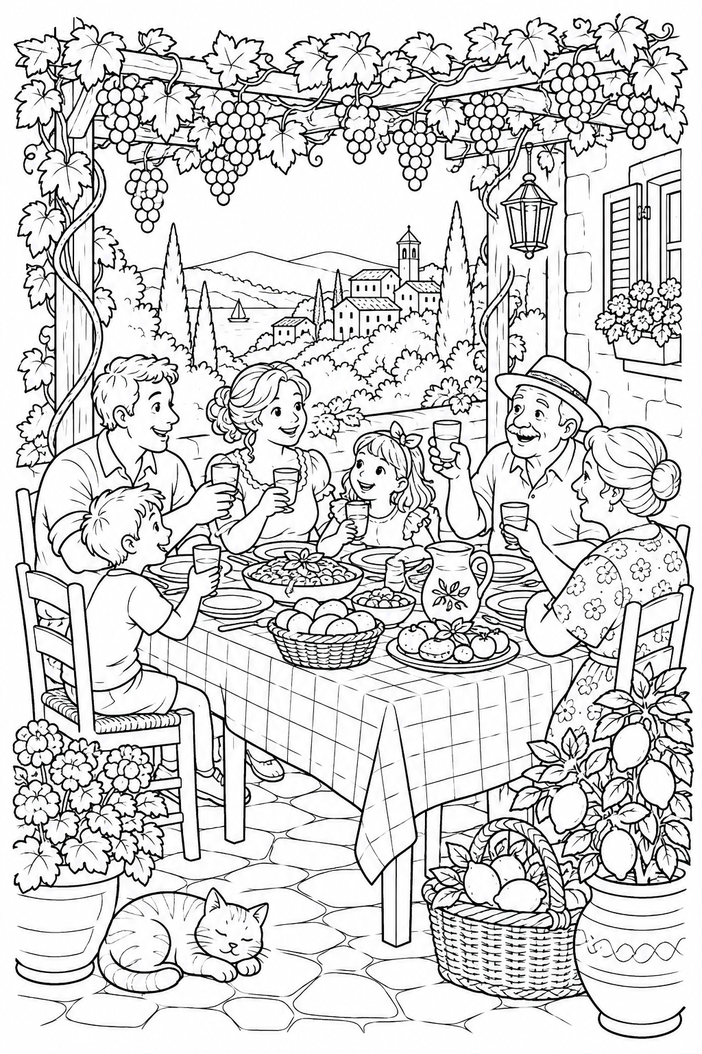 Summer Lunch under the Pergola, printable black-and-white coloring illustration.
