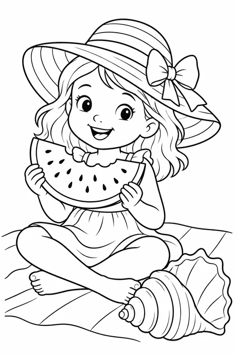 Watermelon, Sunhat and Seashell, printable black-and-white coloring illustration.