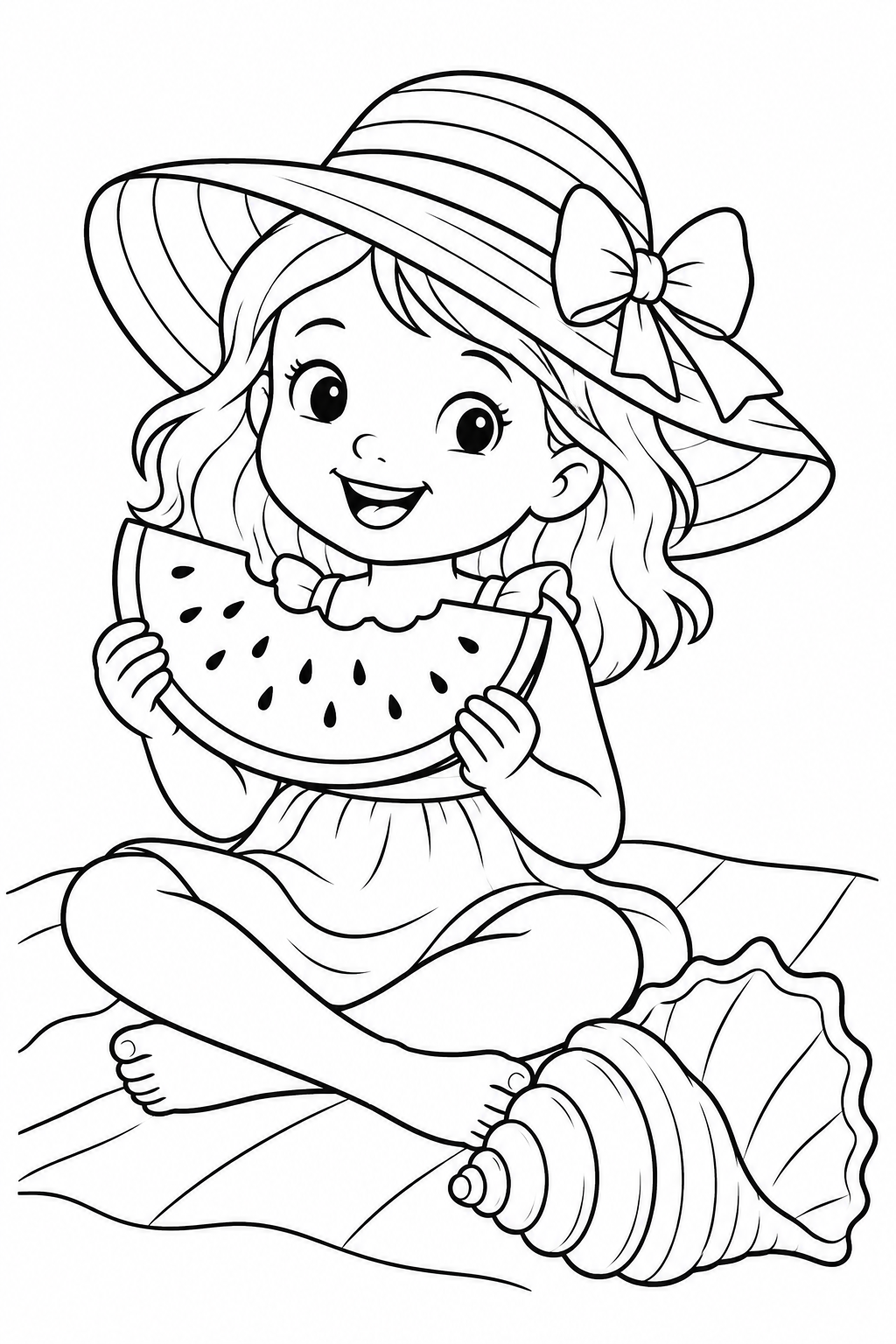 Watermelon, Sunhat and Seashell, printable black-and-white coloring illustration.