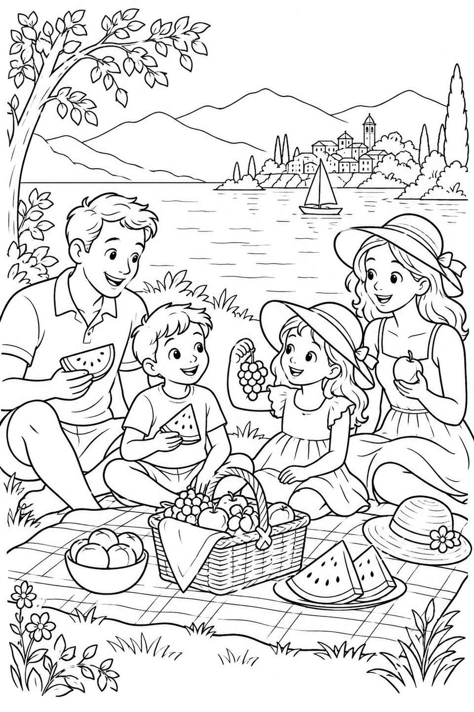 Family Picnic by an Italian Lake, printable black-and-white coloring illustration.