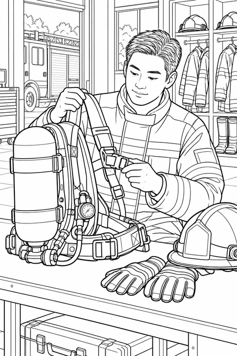 Firefighter checking an air-pack strap and buckle at a workbench
