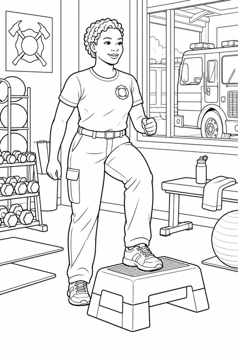 Firefighter stepping onto a low exercise platform beside a rack of weights