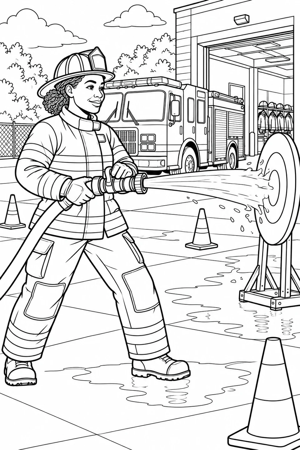 Firefighter spraying water at a round target, with cones and a fire engine in the station yard.