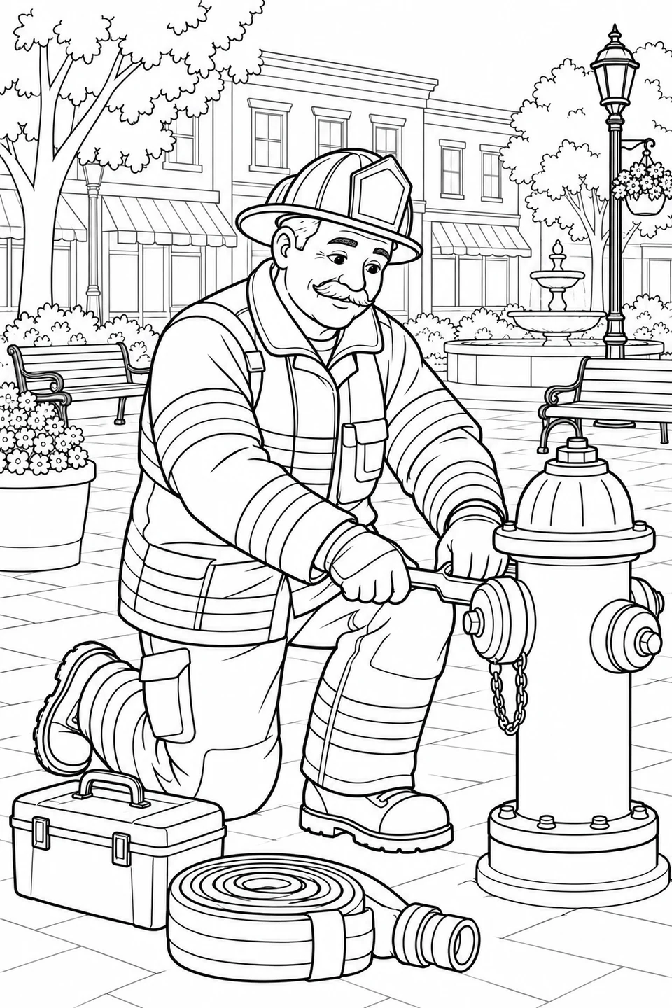 Firefighter kneeling beside a hydrant with a wrench, hose and toolbox