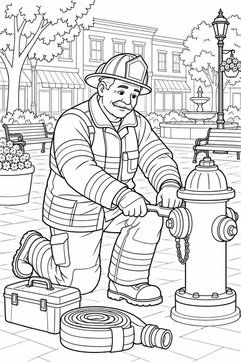 Firefighter kneeling beside a hydrant with a wrench, hose and toolbox