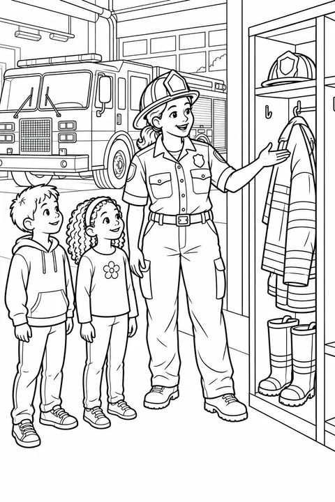 Firefighter showing two children a coat, helmet and boots in a locker, with a fire engine behind them.