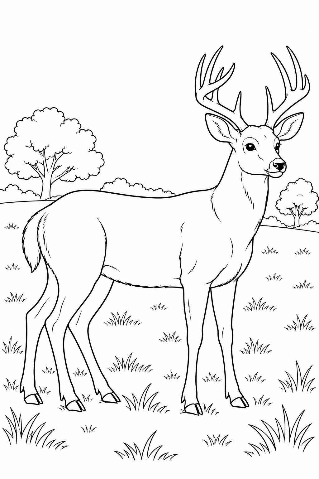 A deer with branching antlers stands in grass with trees behind it.