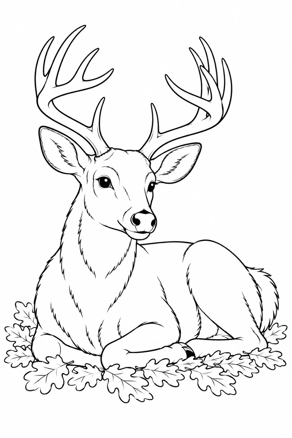 A deer with branching antlers rests with its legs tucked beneath its body on a bed of fallen leaves.