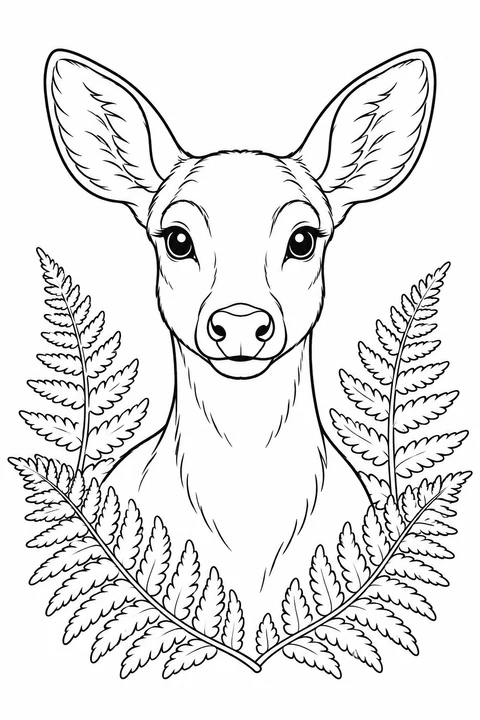 A front-facing deer portrait is surrounded by fern leaves.