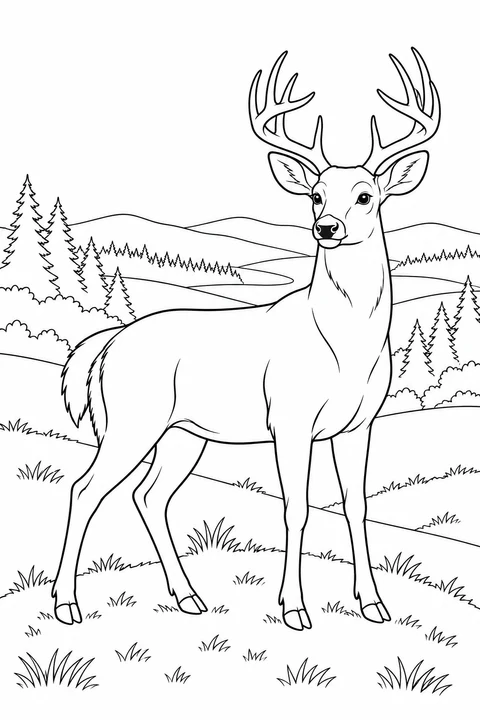 A deer stands on a gentle slope with woodland in the distance.