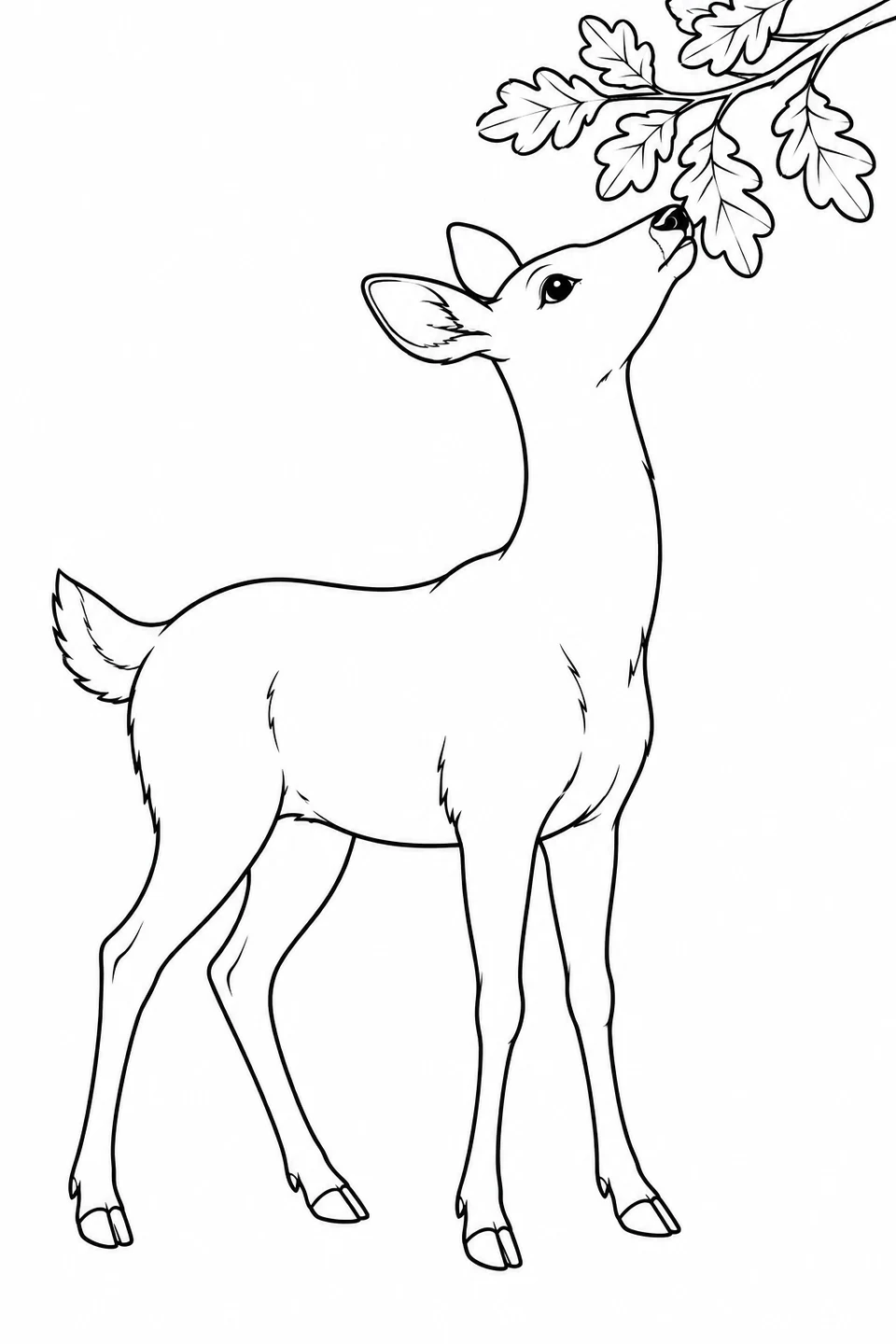 A deer lifts its head toward leaves on a low branch.