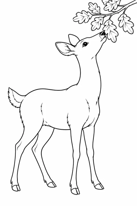 A deer lifts its head toward leaves on a low branch.