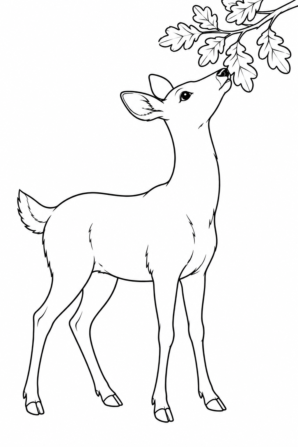 A deer lifts its head toward leaves on a low branch.