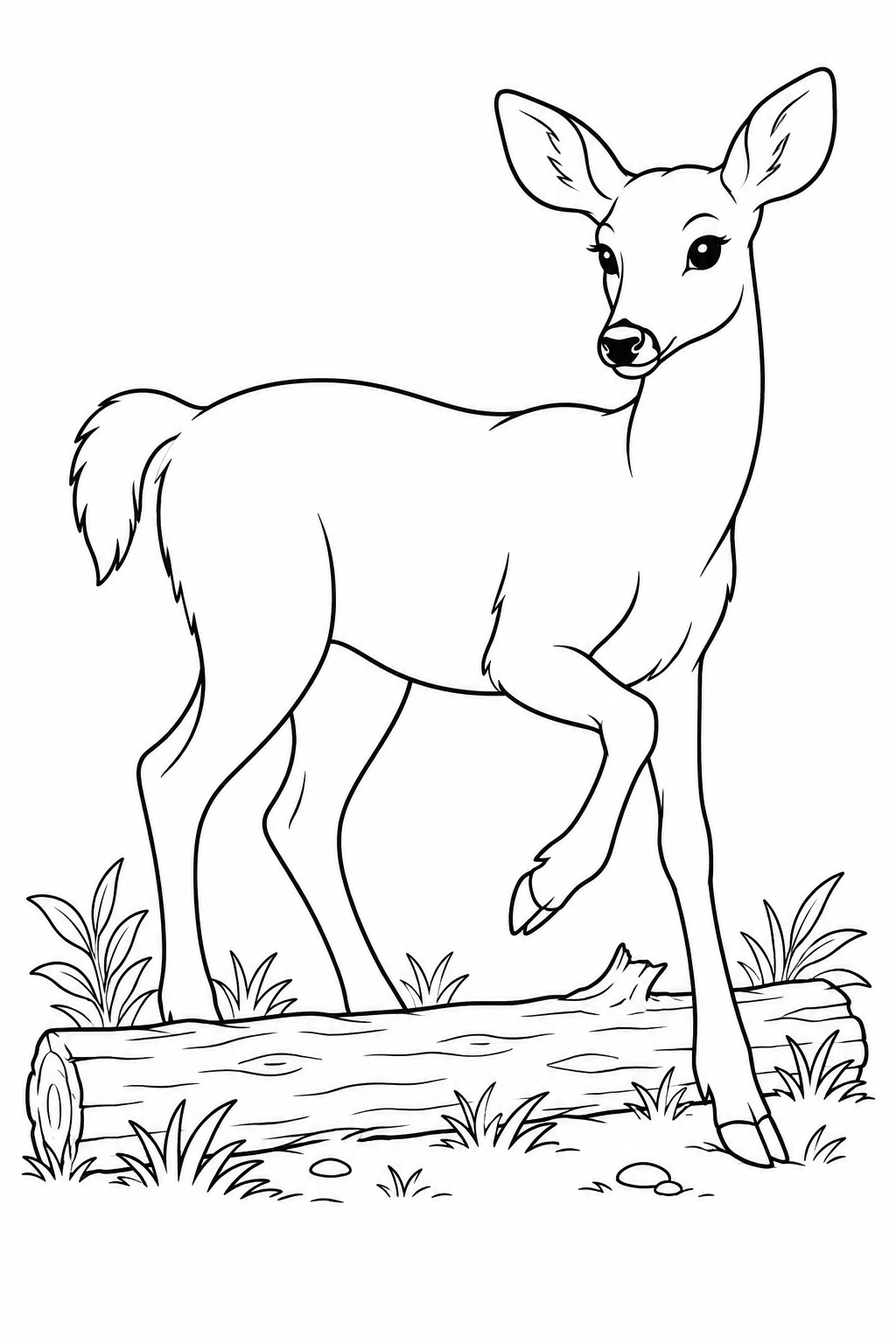 A deer raises a front leg to step over a fallen log.