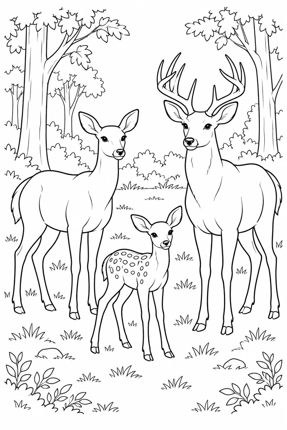 Three deer stand apart in a woodland clearing.