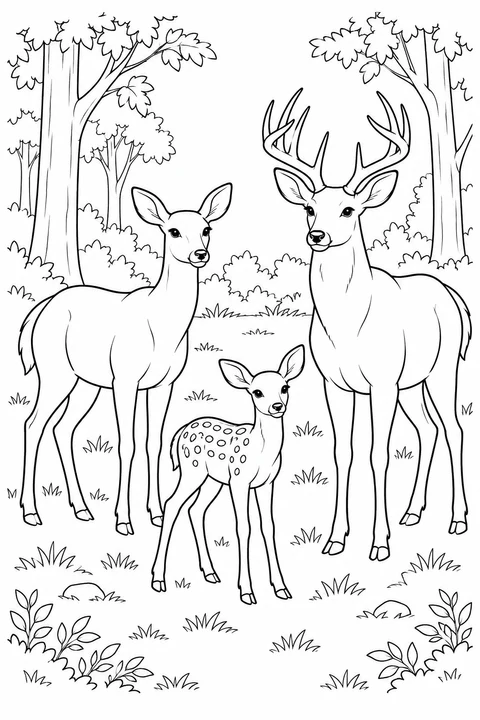 Three deer stand apart in a woodland clearing.