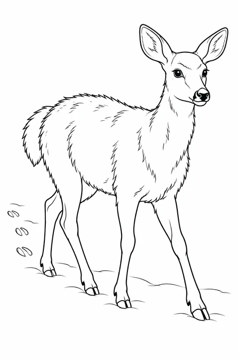 A deer stands in shallow snow with hoofprints nearby.