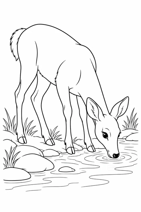A deer lowers its head to drink beside a stream.