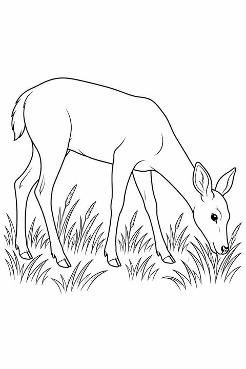 A deer bends its head to graze among tall grasses.