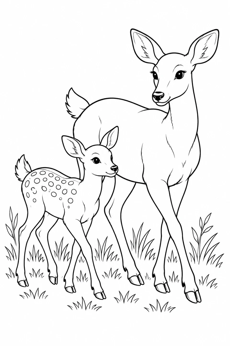 A large deer walks beside a smaller spotted deer among tufts of grass.