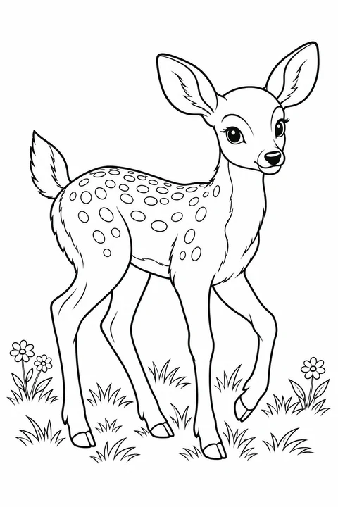 A spotted deer lifts one front leg among tufts of grass and small flowers.